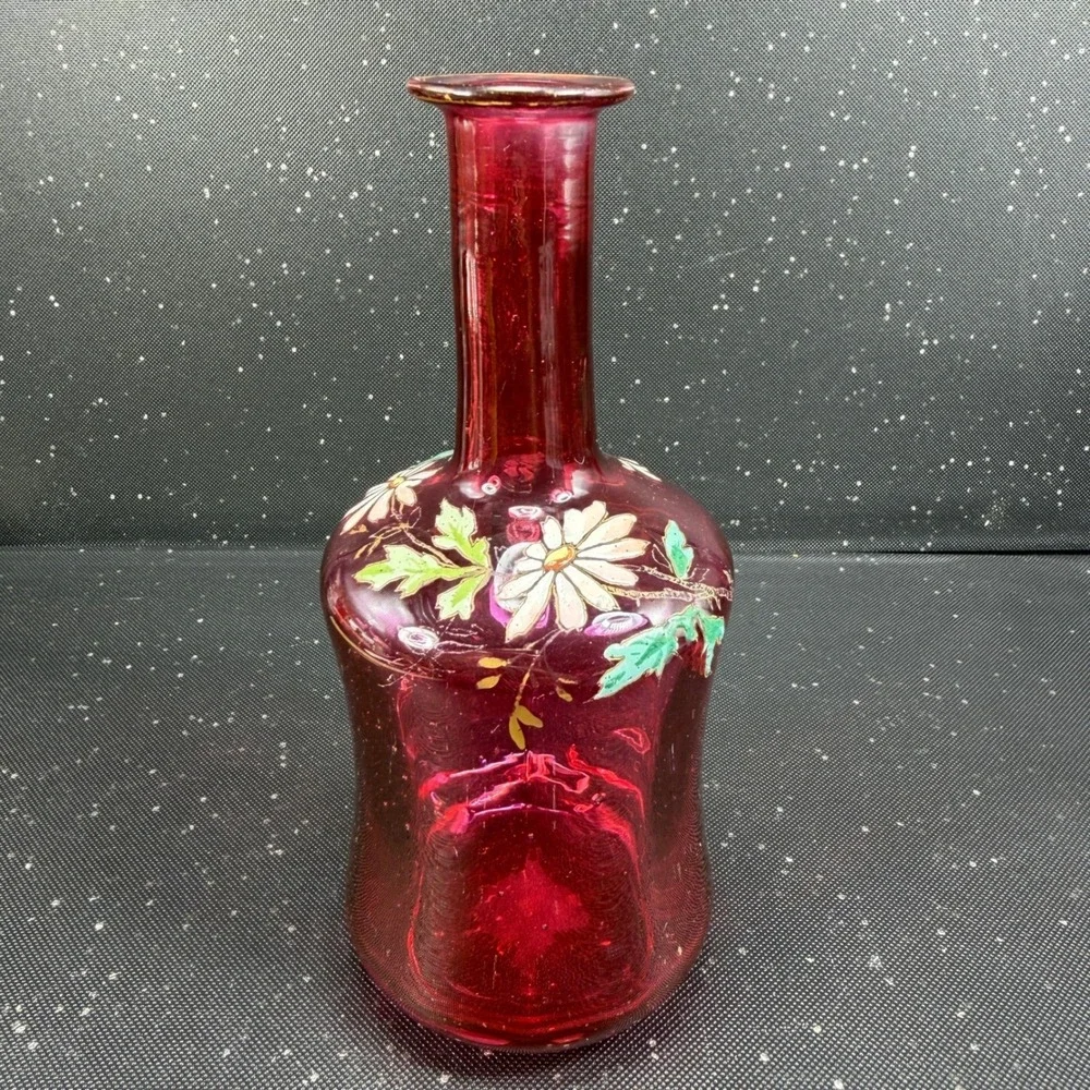 Antique Cranberry Glass Bud Vase Hand Painted Enamel Daisy Ruby Red 6.5inch